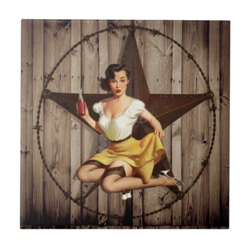 Western Country Texas Star Pin Up Girl Cowgirl Ceramic Tile