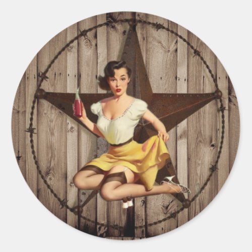 Western Country Texas Star Pin Up Girl Cowgirl Classic Round Sticker
