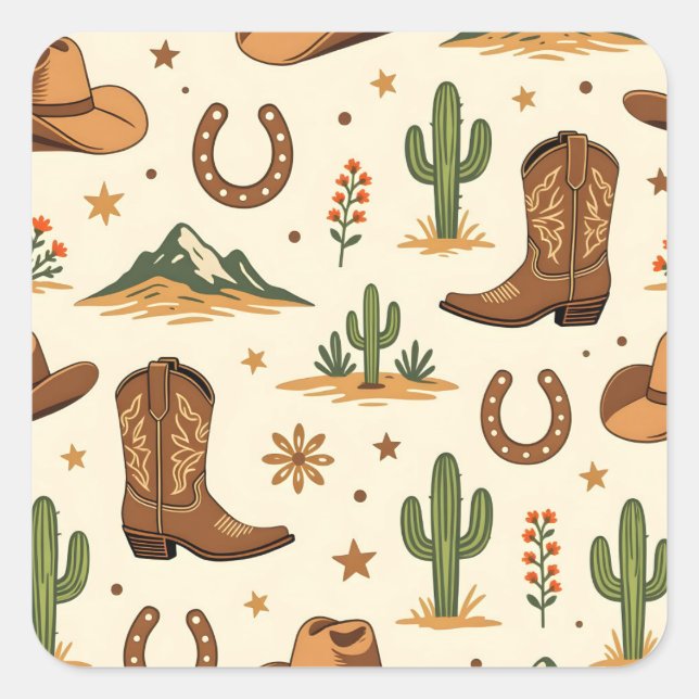 Western country theme with cactus square sticker (Front)
