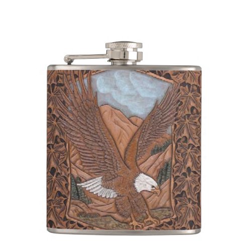 Western country tooled leather Vintage Eagle Hip Flask