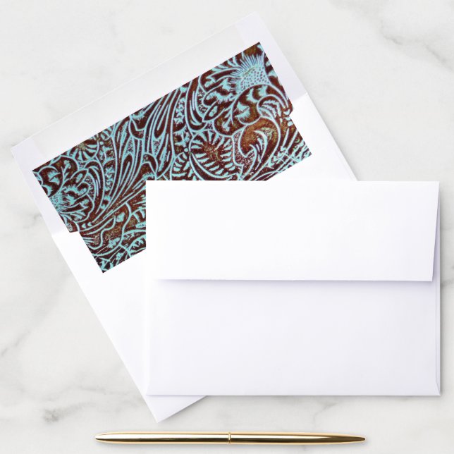western country turquoise brown tooled leather envelope liner (Desk)