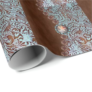 Western Country Turquoise Brown Tooled Leather Wrapping Paper by ThemeWeddingBoutique at Zazzle