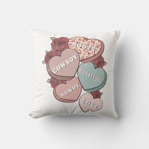 Western Country Valentines Day Hearts Throw Pillow