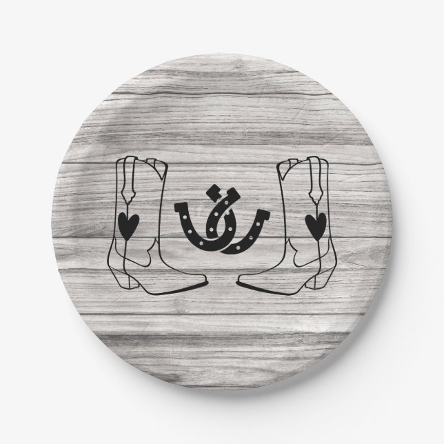 Western Country Wedding Rustic Cowboy Wood Paper Plates (Front)