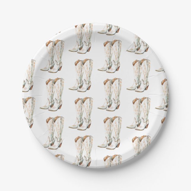 Western Country White Cowgirl Boots Birthday Party Paper Plates (Front)