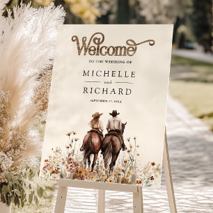 Western Couple Riding Horse Wedding Welcome Sign