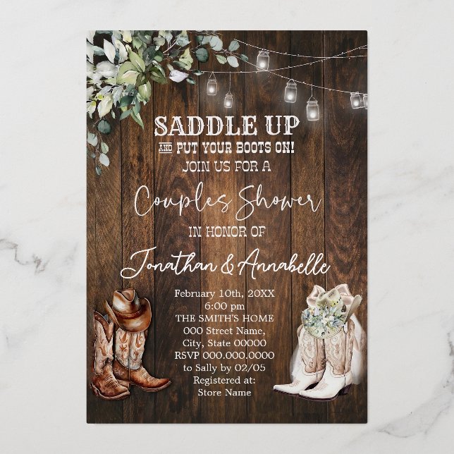 Western Couples Shower Invitation, Rustic Cowboy  Foil Invitation (Front)