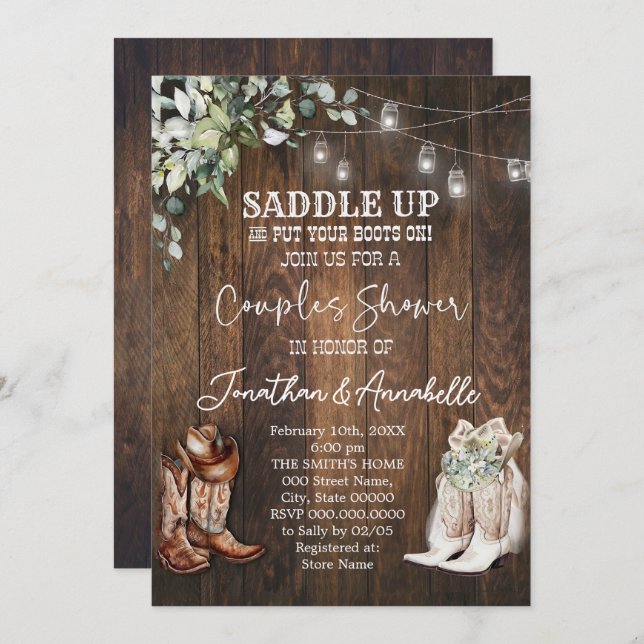 Western Couples Shower Invitation, Rustic Cowboy  Invitation (Front/Back)