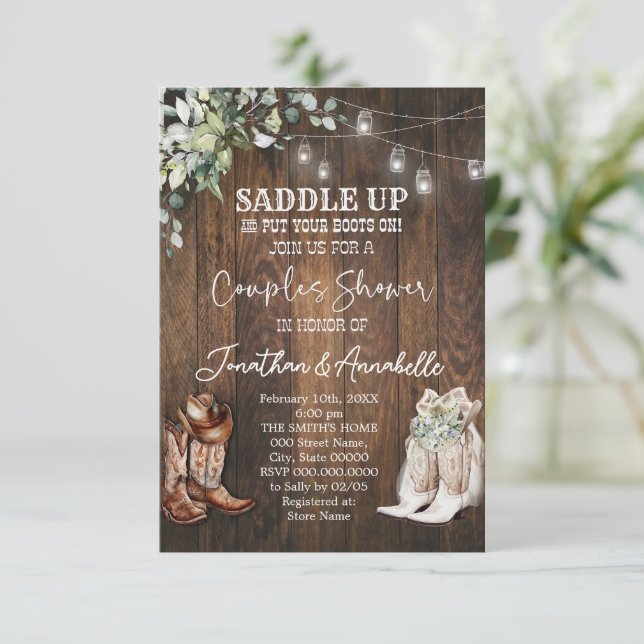 Western Couples Shower Invitation, Rustic Cowboy  RSVP Card (Standing Front)