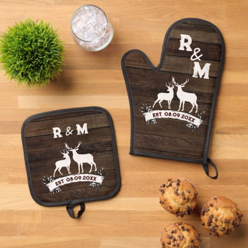 Western Coutry Deer Anniversary Est Mr and Mrs Oven Mitt  Pot Holder Set