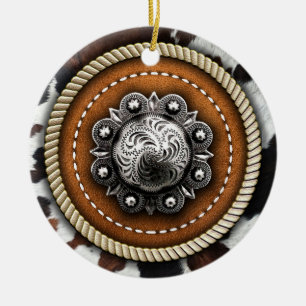 Western Cow Print Rope and Rustic Leather Concho Ceramic Ornament