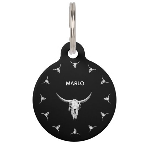 Western Cow Skull Black And White Rustic Style Pet ID Tag