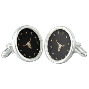 Western Cow Skull Black Brown Country Rustic Style Cufflinks