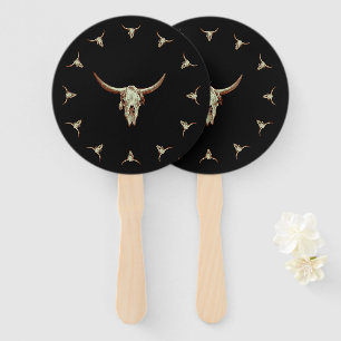 Western Cow Skull Black Brown Country Rustic Style Hand Fan