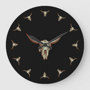 Western Cow Skull Black Brown Country Rustic Style Large Clock