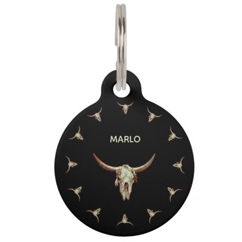 Western Cow Skull Black Brown Country Rustic Style Pet ID Tag