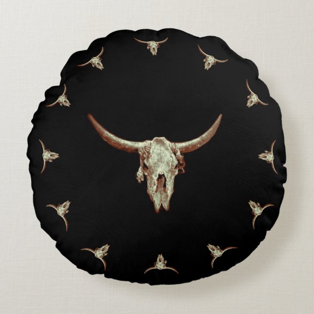 Western Cow Skull Black Brown Country Rustic Style Round Pillow (Front)