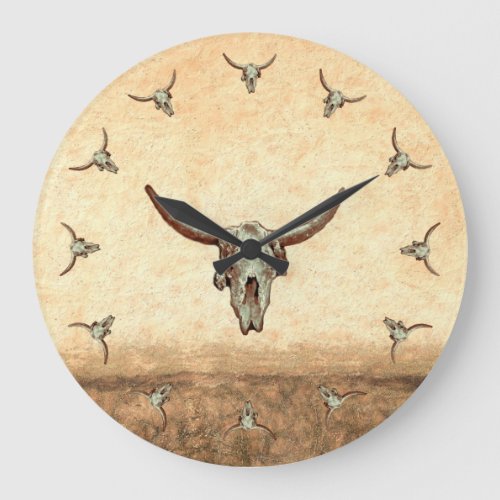 Western Cow Skull Brown Country Rustic Style Large Clock