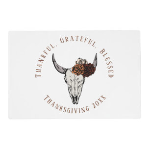 Western Cow Skull Rose Thanksgiving Paper Placemat