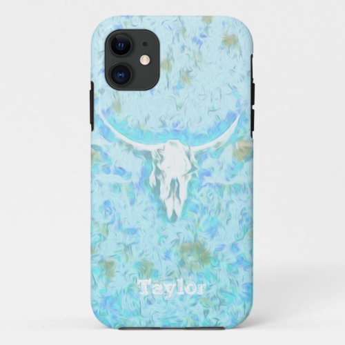 Western Cow Skull Teal Blue Floral Girly Cowgirl iPhone 11 Case