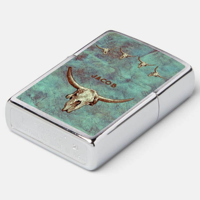 Western Cow Skull Teal Brown Country Rustic Style Zippo Lighter (Angled)