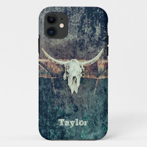 Western Cow Skull Teal Brown Grunge Texture iPhone 11 Case