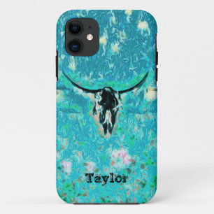 Western Cow Skull Teal Green Floral Girly Cowgirl iPhone 11 Case