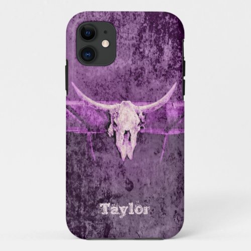 Western Cow Skull Tribal Purple Girly Grunge iPhone 11 Case