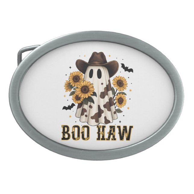 Western Cow Spot Spooky Ghost Boo Haw Belt Buckle (Front)