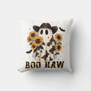 Western Cow Spot Spooky Ghost Boo Haw Throw Pillow