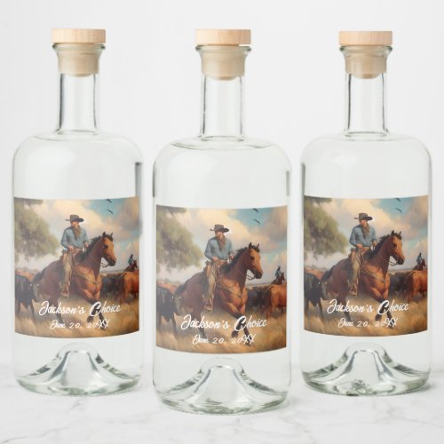 Western Cowboy and Bay Horse Wedding Liquor Bottle Label