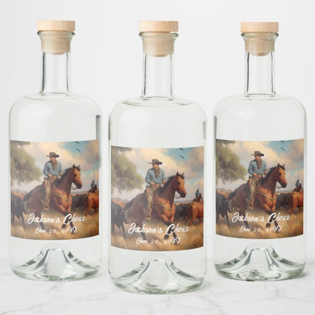 Western Cowboy and Bay Horse Wedding Liquor Bottle Label (Bottles)