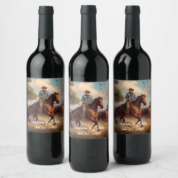 Western Cowboy And Bay Horse Wine Label by DakotaInspired at Zazzle