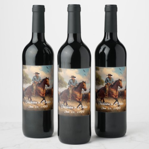 Western Cowboy and Bay Horse Wine Label