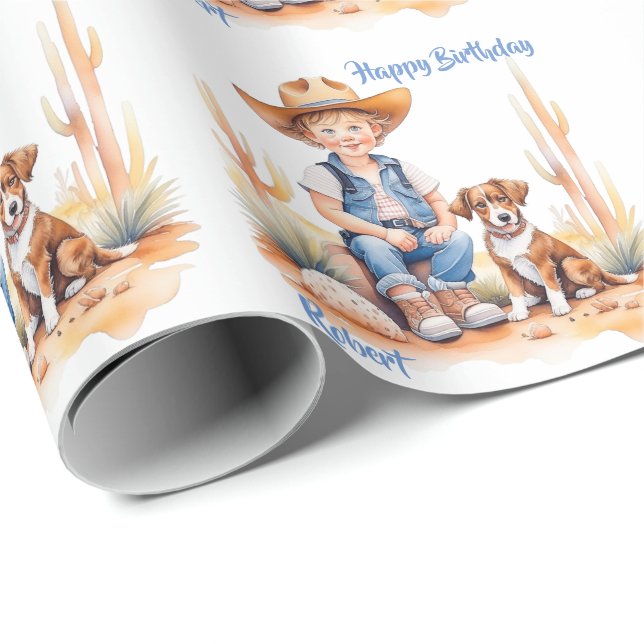 Western Cowboy and Dog Personalized Birthday Wrapping Paper (Roll Corner)