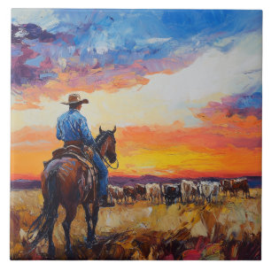 Western Cowboy and Herd Tile Trivet
