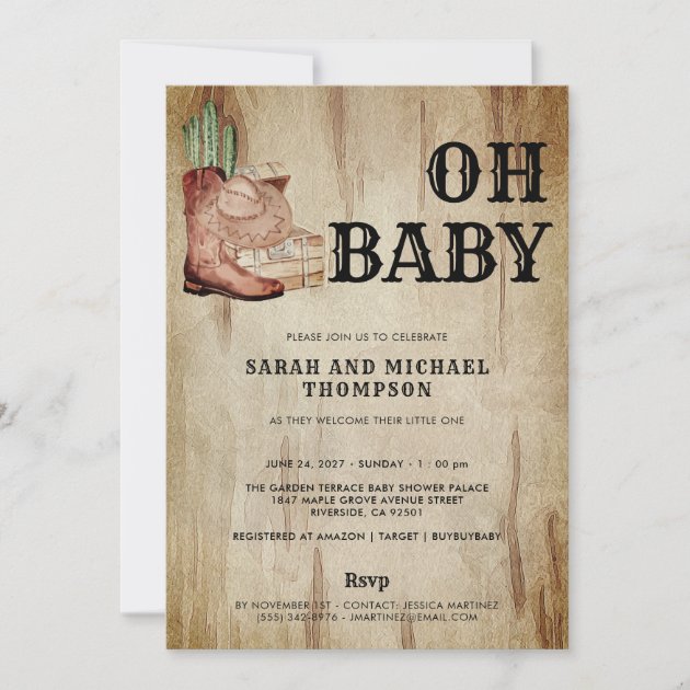 Western Cowboy Baby Shower Cactus Hat Boots Invitation