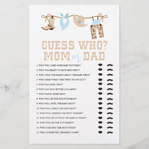 Western Cowboy Baby Shower Guess Who Game Flyer