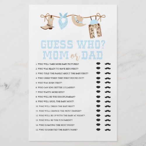 Western Cowboy Baby Shower Guess Who Game Flyer