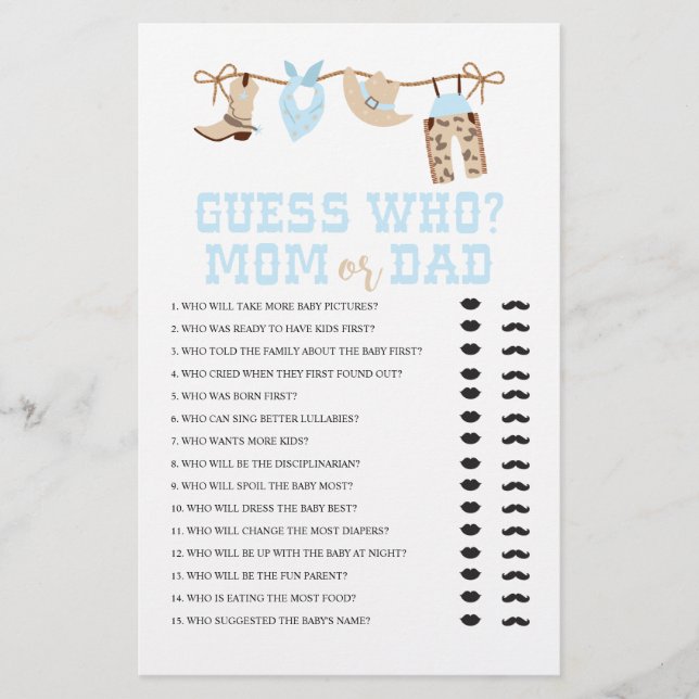 Western Cowboy Baby Shower Guess Who Game Flyer (Front)