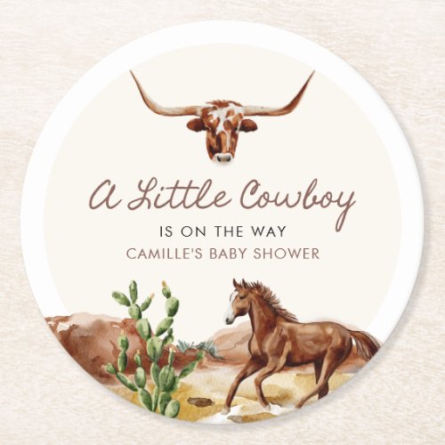 Western Cowboy Baby Shower Round Paper Coaster