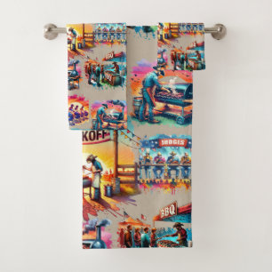 Western Cowboy BBQ Cookoff Scenes 1 Bath Towel Set