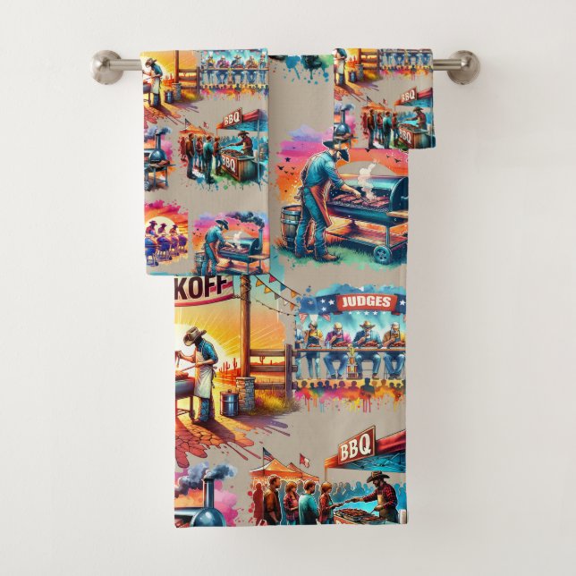 Western Cowboy BBQ Cookoff Scenes 1 Bath Towel Set (Insitu)