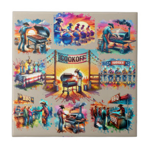 Western Cowboy BBQ Cookoff Scenes 1 Ceramic Tile