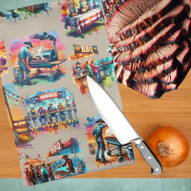 Western Cowboy BBQ Cookoff Scenes 1 Kitchen Towel (Western BBQ Cookoff themed kitchen towel with watercolor cowboys cooking on the pit.)