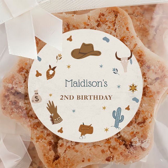 Western Cowboy Birthday Party Classic Round Sticker (Creator Uploaded)