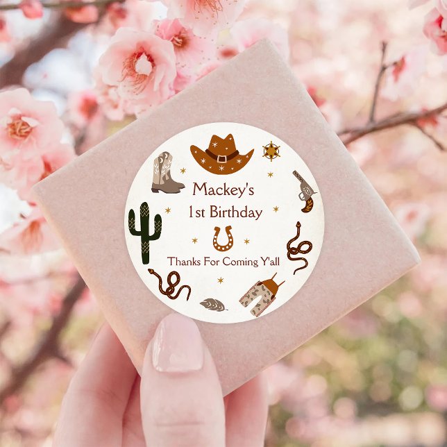 Western Cowboy Birthday Party Classic Round Sticker (Creator Uploaded)