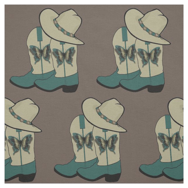 Western Cowboy Boot And Cowboy Hat Butterfly Fabric (Swatch)