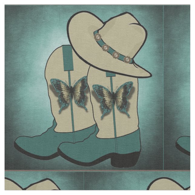 Western Cowboy Boot And Cowboy Hat Butterfly Fabric (Close Up)