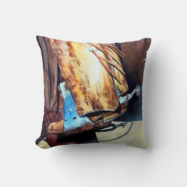 Western cowboy boot and rodeo horse, cartooned throw pillow (Front)